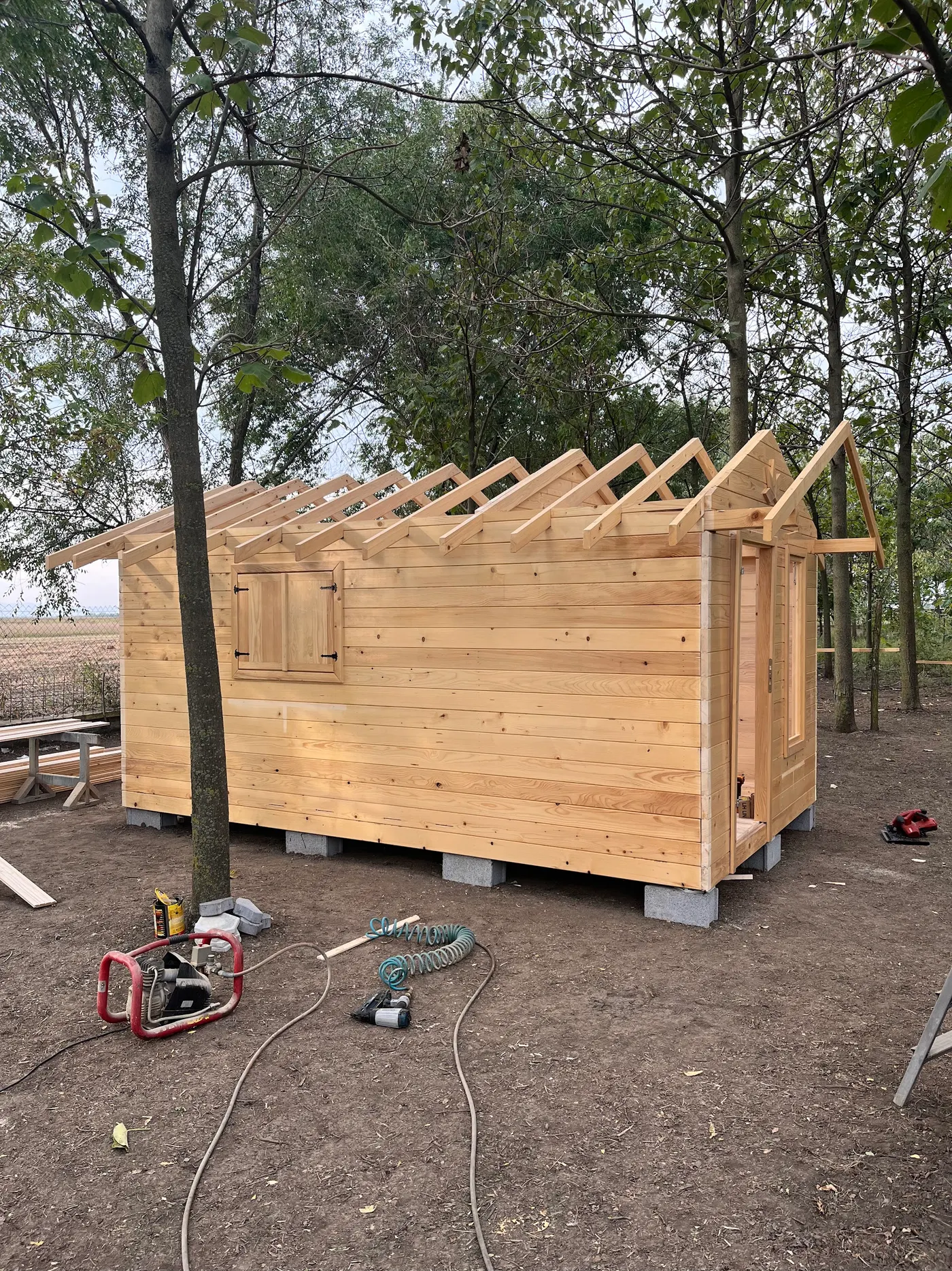 bright wooden garden cabin under trees after construction - Zmajevo - frame 7